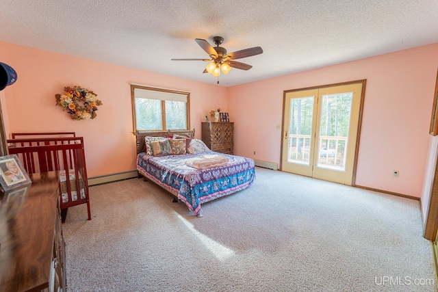 bedroom featuring carpet, access to outside, ceiling fan, baseboard heating, and a textured ceiling