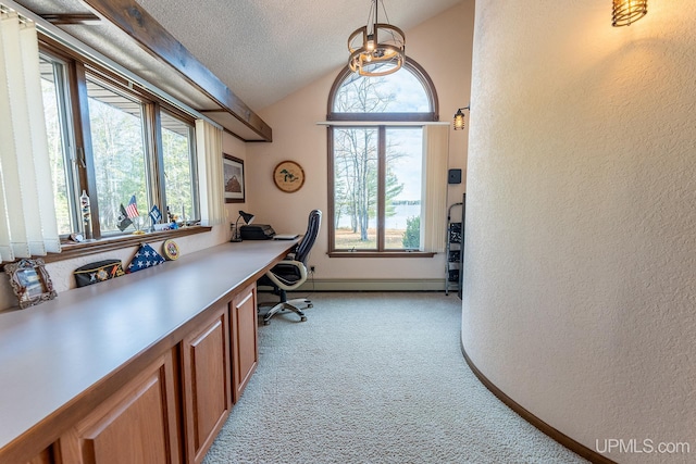 office area with a healthy amount of sunlight, light colored carpet, a textured ceiling, and baseboard heating