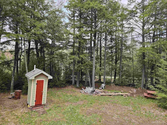 view of yard featuring a storage unit