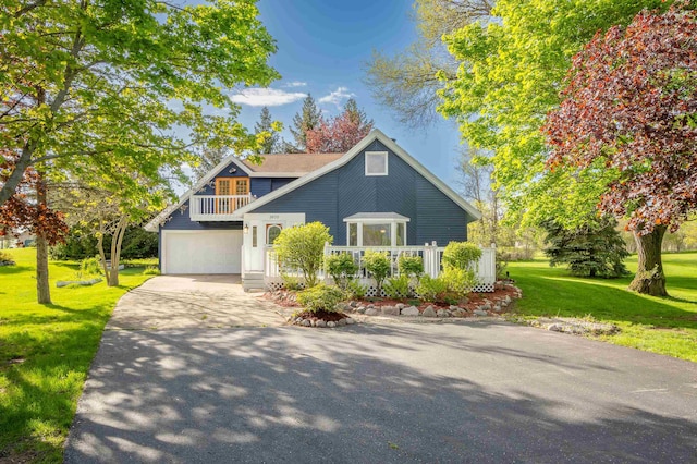 view of front of property with a garage and a front lawn