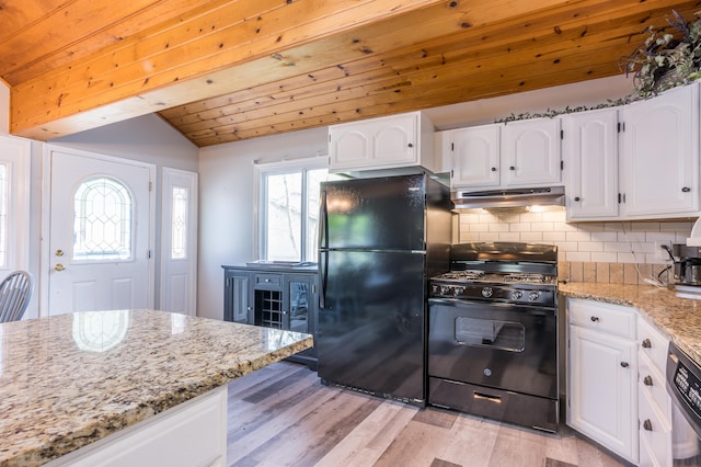 kitchen featuring vaulted ceiling, black appliances, backsplash, white cabinetry, and wooden ceiling