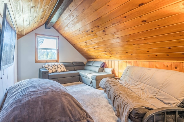 living room with carpet flooring, wooden ceiling, wooden walls, and lofted ceiling