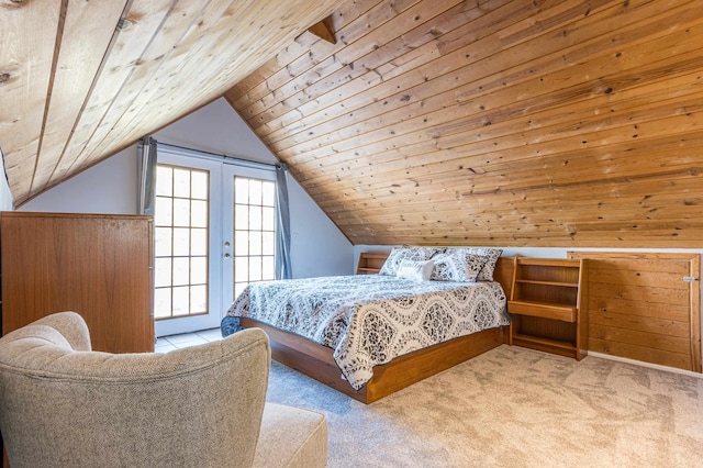 bedroom with access to exterior, wood ceiling, french doors, carpet floors, and lofted ceiling