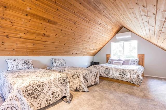 carpeted bedroom with wooden ceiling, lofted ceiling, and a wall unit AC