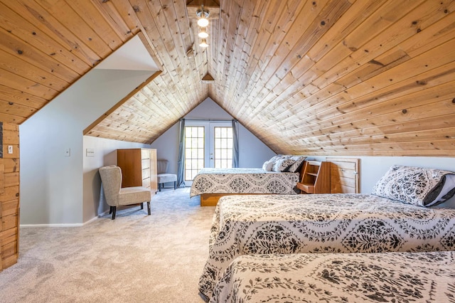 carpeted bedroom featuring wooden ceiling, french doors, and lofted ceiling