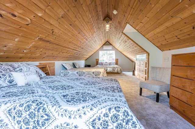 carpeted bedroom featuring wooden ceiling and lofted ceiling