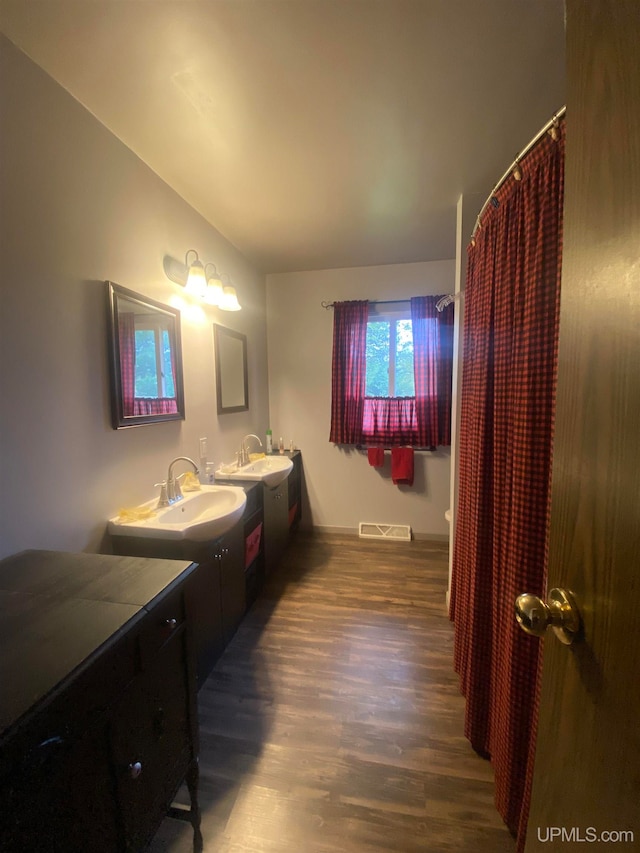 bathroom featuring vanity and hardwood / wood-style flooring