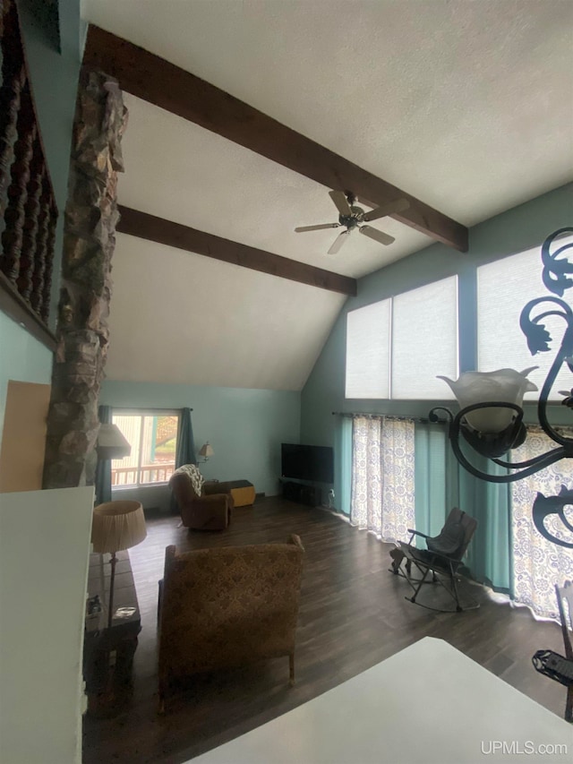 bedroom featuring lofted ceiling with beams and dark hardwood / wood-style flooring