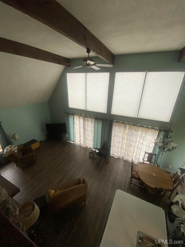 interior space with a wealth of natural light, wood-type flooring, lofted ceiling with beams, and a textured ceiling