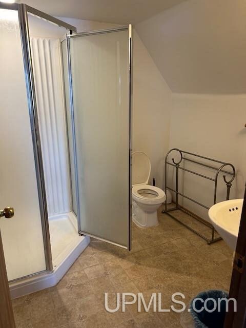 bathroom featuring vaulted ceiling, sink, an enclosed shower, and toilet