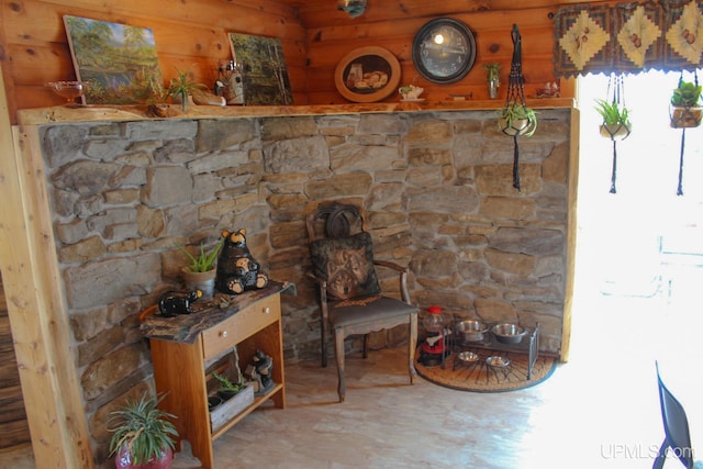 interior details featuring wood walls