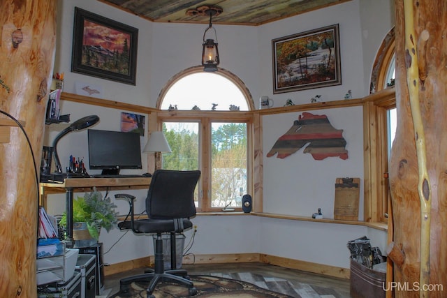 office with wood ceiling