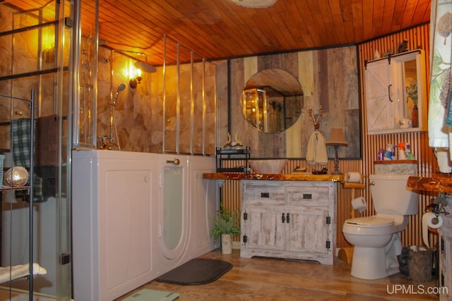 bathroom featuring wood-type flooring, wooden walls, toilet, and wooden ceiling