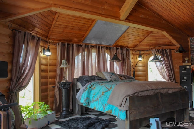 unfurnished bedroom featuring log walls, wooden ceiling, and vaulted ceiling