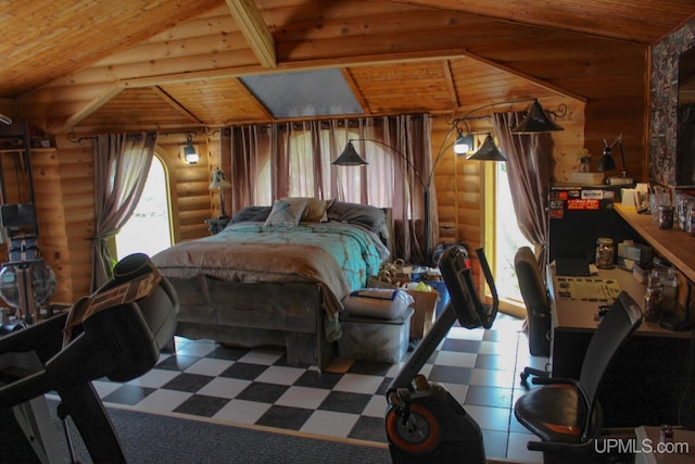 bedroom with lofted ceiling, rustic walls, and wooden ceiling