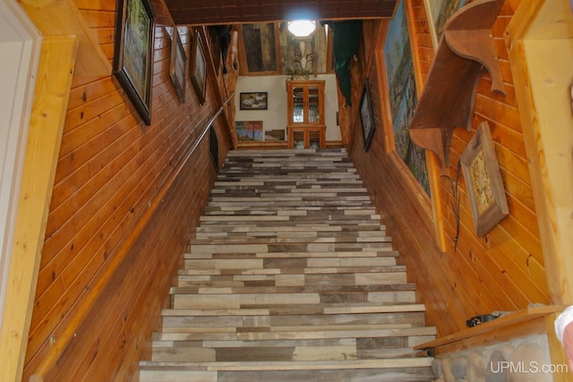 staircase featuring wood walls