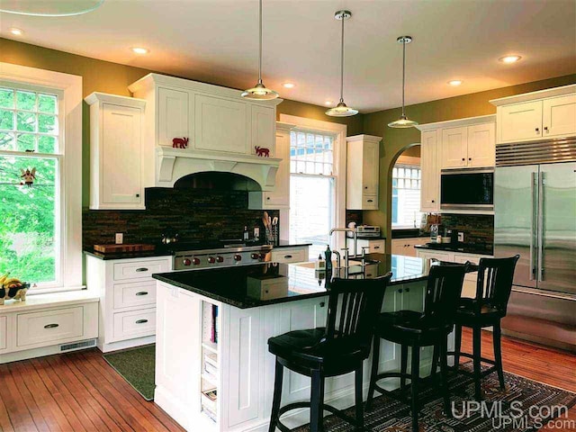 kitchen featuring a healthy amount of sunlight, white cabinets, built in appliances, and custom exhaust hood