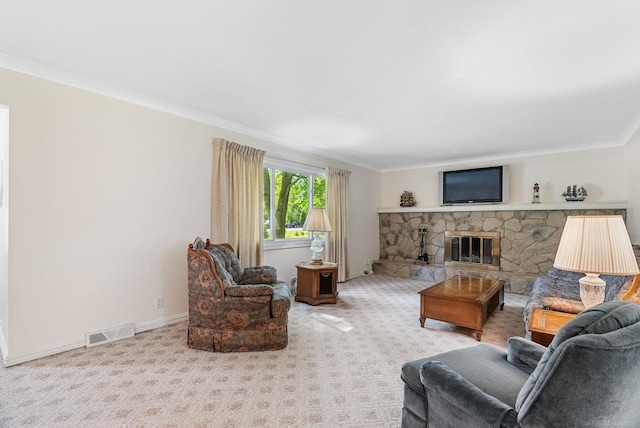 carpeted living room featuring a fireplace and crown molding