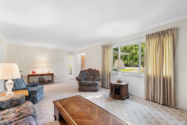 carpeted living room with crown molding