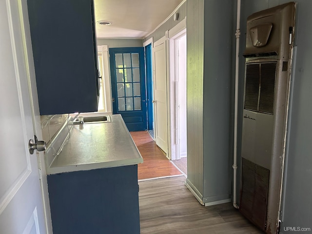 hall with wood-type flooring and sink