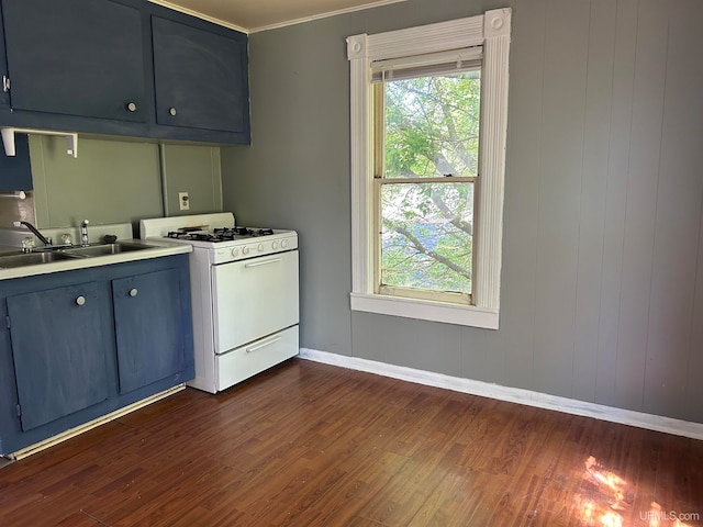 kitchen featuring sink, dark hardwood / wood-style flooring, and white gas range