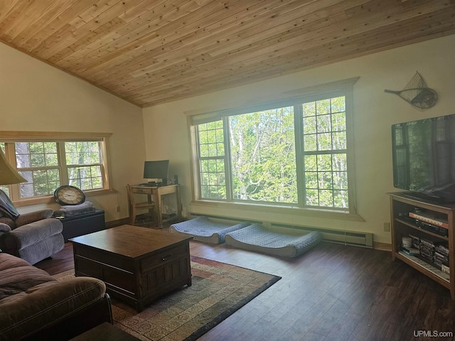 living room with vaulted ceiling, wooden ceiling, a baseboard radiator, and dark wood-type flooring