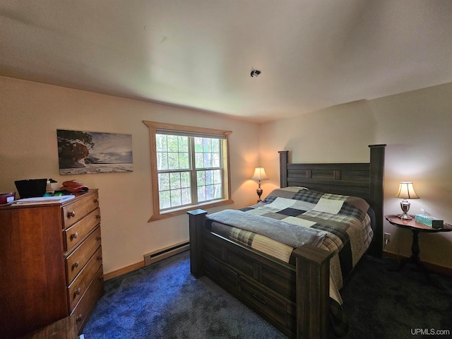 carpeted bedroom featuring a baseboard radiator