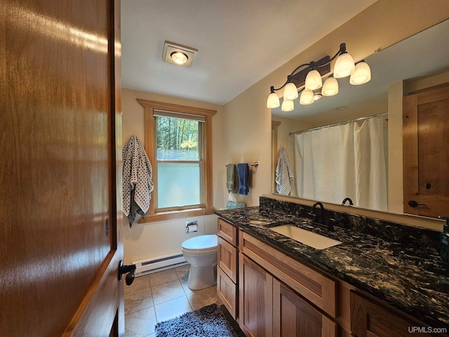 bathroom with baseboard heating, vanity with extensive cabinet space, toilet, and tile floors