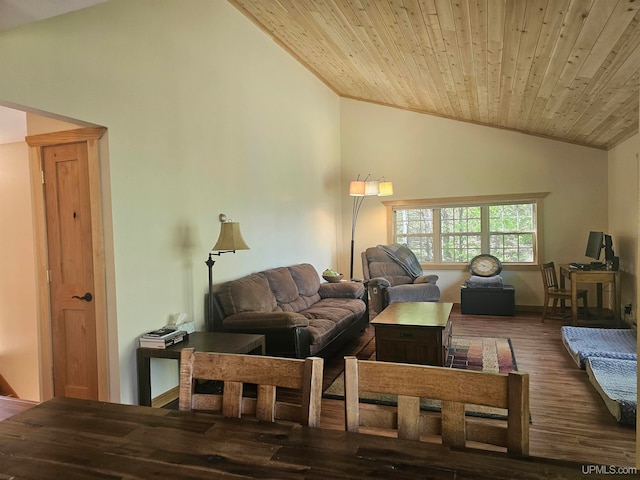 living room featuring wooden ceiling, wood-type flooring, and vaulted ceiling