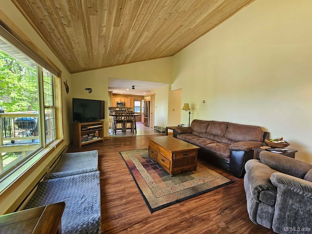 living room with high vaulted ceiling, wooden ceiling, and dark hardwood / wood-style floors