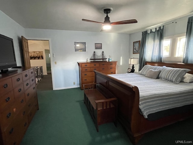 bedroom featuring ceiling fan and dark colored carpet