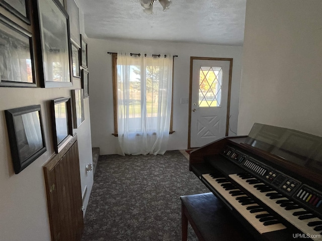 carpeted entryway with a textured ceiling