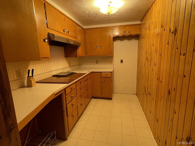 kitchen featuring a textured ceiling and wooden walls