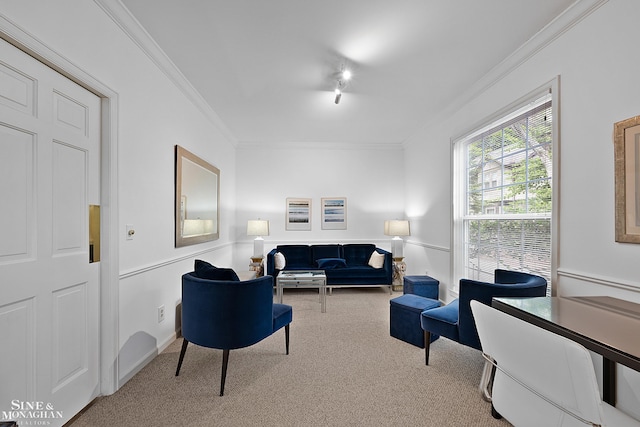 carpeted living room featuring crown molding