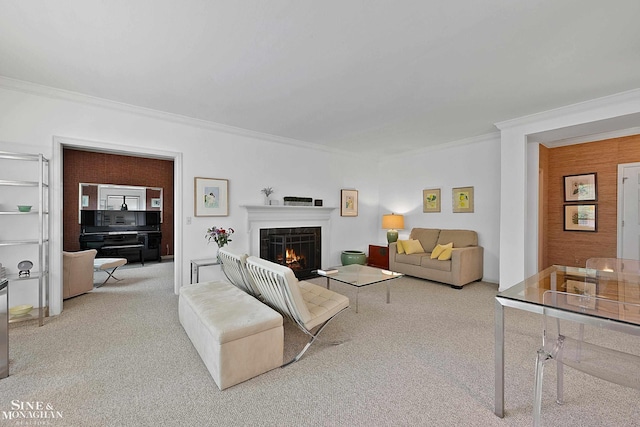 carpeted living room featuring ornamental molding