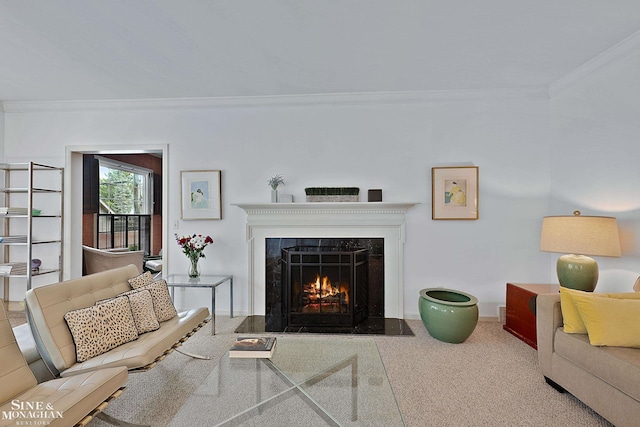 living room featuring carpet floors and crown molding