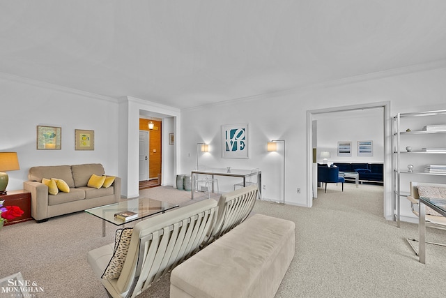 living room with light carpet and ornamental molding