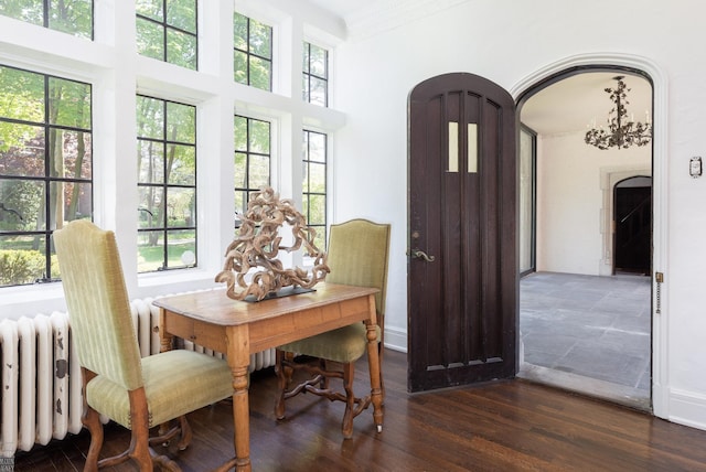 interior space featuring dark wood-style floors, arched walkways, radiator, and ornamental molding