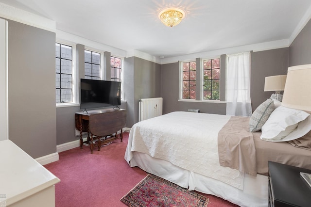 bedroom with radiator, carpet, and baseboards