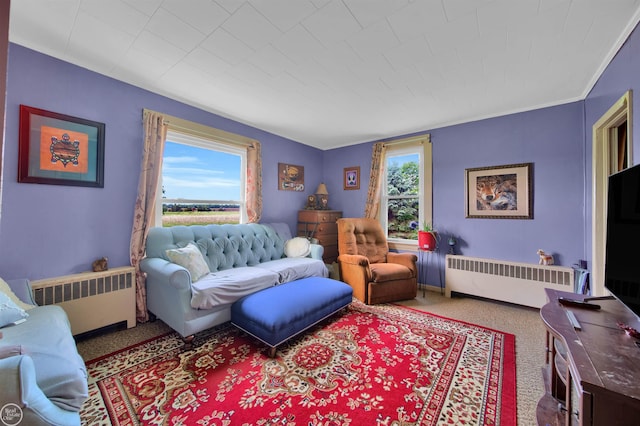 carpeted living room featuring radiator heating unit and a wealth of natural light