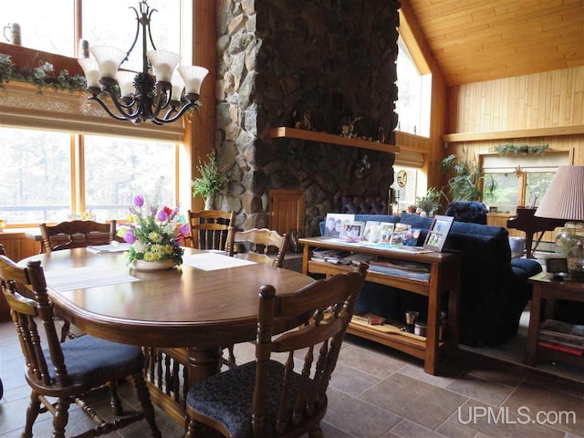 dining space featuring plenty of natural light, high vaulted ceiling, wood ceiling, and a chandelier