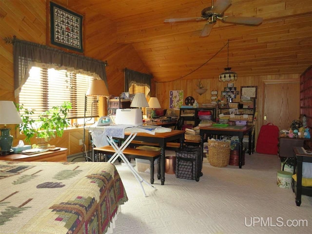 bedroom with carpet floors, wood ceiling, vaulted ceiling, and wood walls