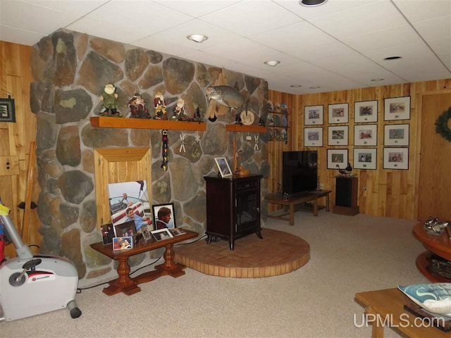 living area featuring a wood stove, carpet flooring, and wood walls