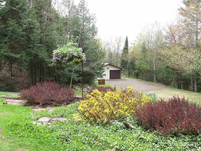 view of yard with a forest view and an outdoor structure