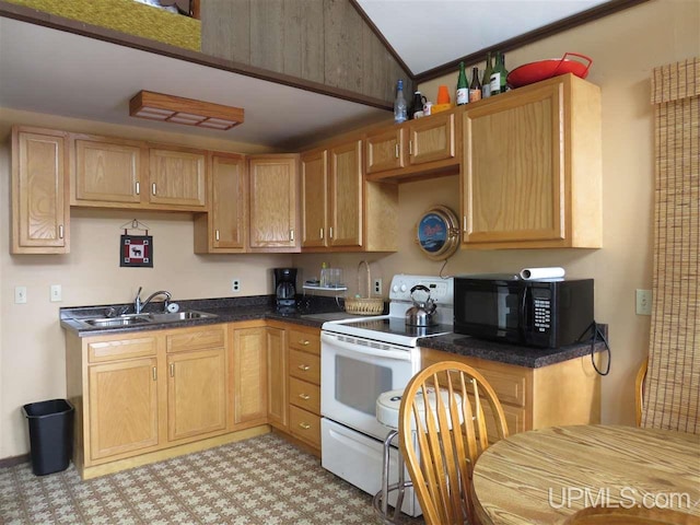 kitchen with electric range, dark countertops, vaulted ceiling, black microwave, and a sink