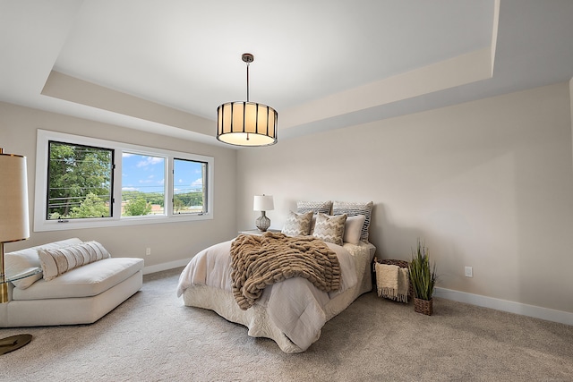 carpeted bedroom with a tray ceiling