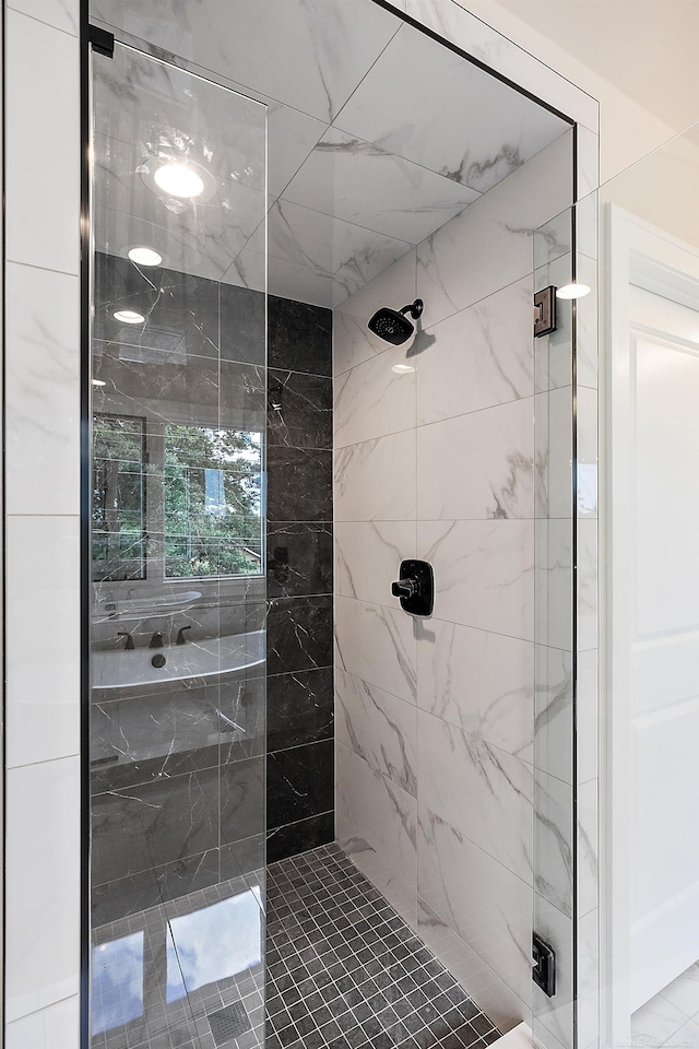 bathroom featuring a shower with shower door