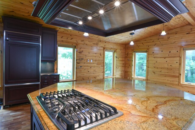 kitchen featuring a healthy amount of sunlight, dark wood-type flooring, light stone countertops, and stainless steel gas cooktop