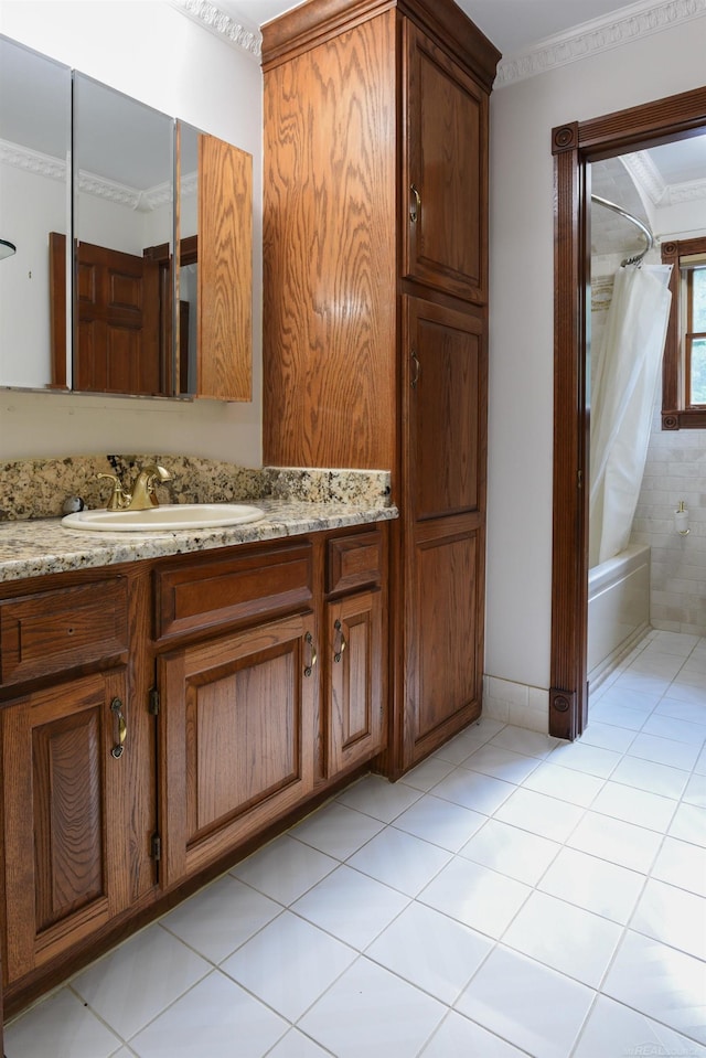 bathroom with crown molding, shower / tub combo with curtain, vanity, and tile floors