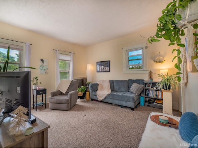 living room with radiator, carpet floors, and a wealth of natural light